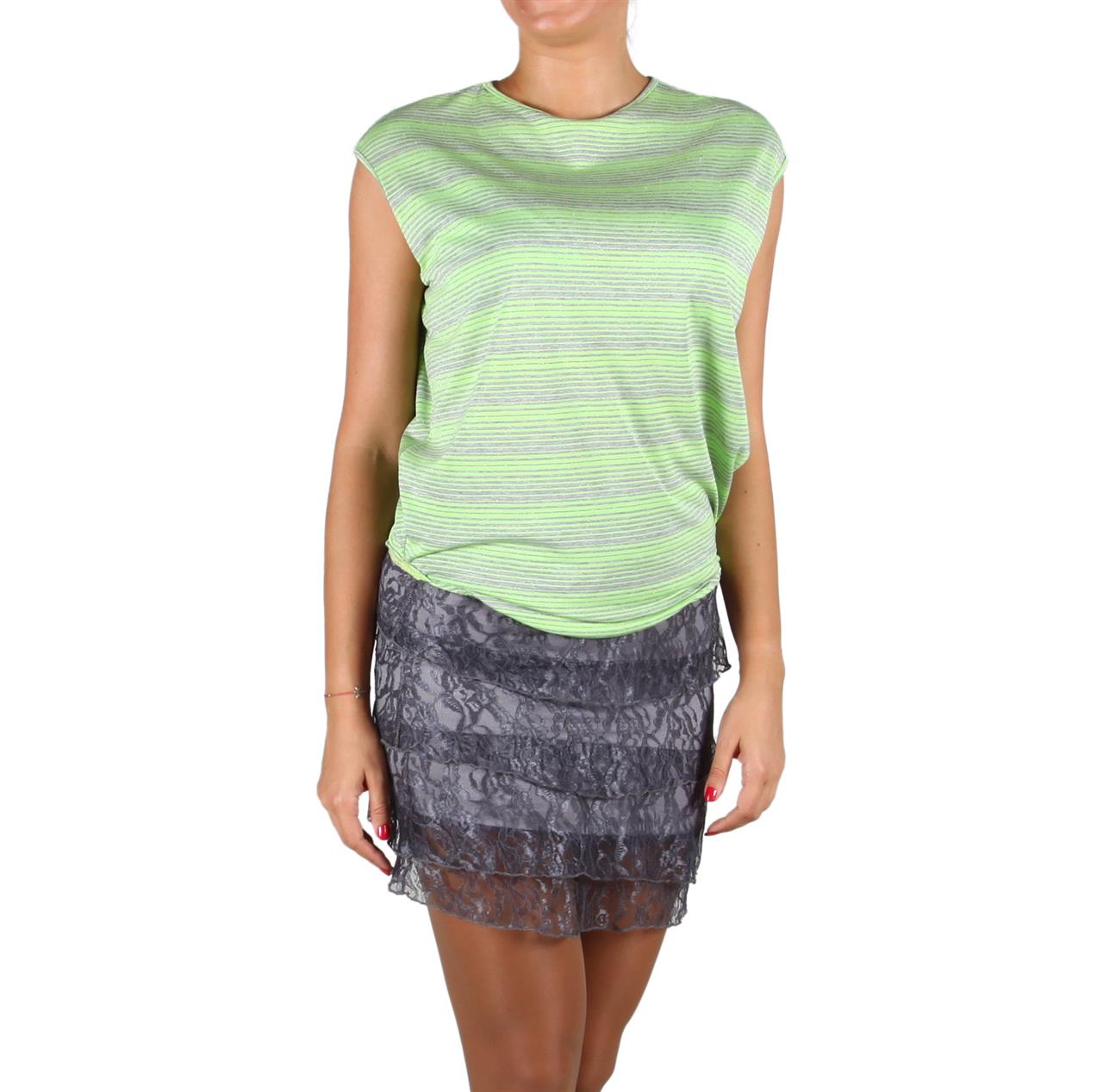 Poza Bluza Casual, Rotund, Verde, Maneca scurta, Bumbac, Dungi argintii - 508L [1]