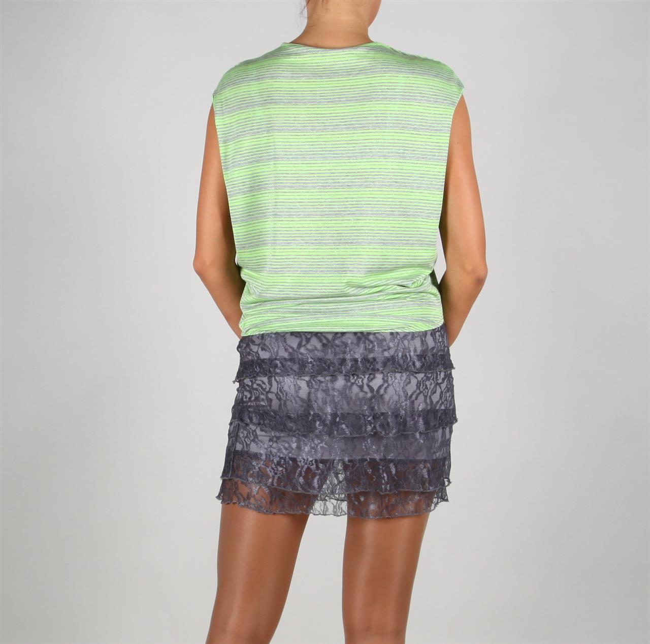 Poza Bluza Casual, Rotund, Verde, Maneca scurta, Bumbac, Dungi argintii - 508L [3]