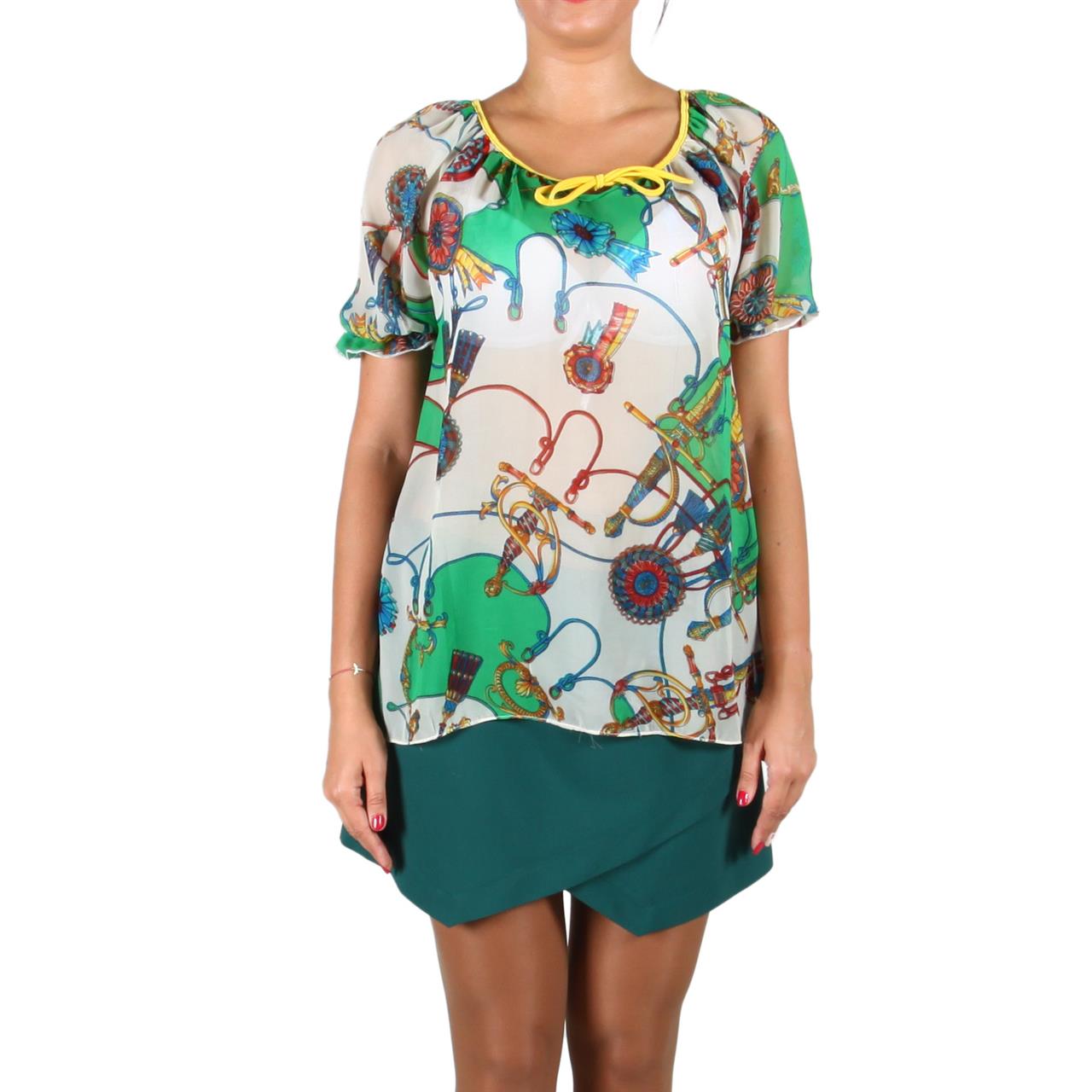 Poza Bluza Casual, Verde/Alb, Maneca scurta, Din voal, Cu snur galben - 777H [1]