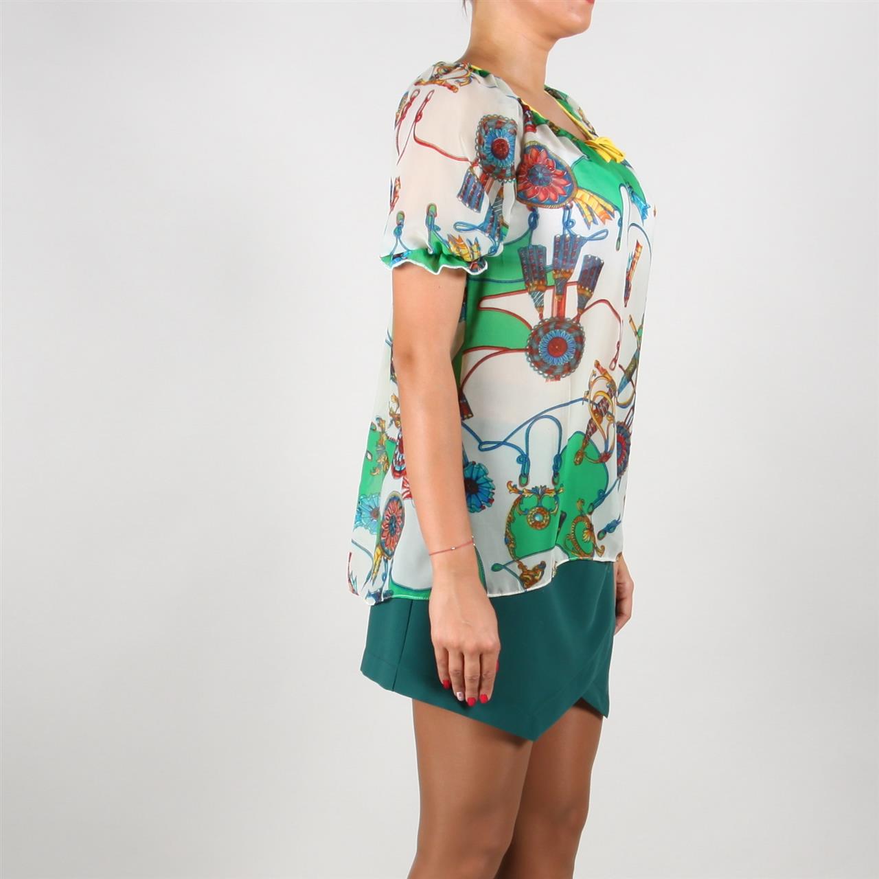 Poza Bluza Casual, Verde/Alb, Maneca scurta, Din voal, Cu snur galben - 777H [2]