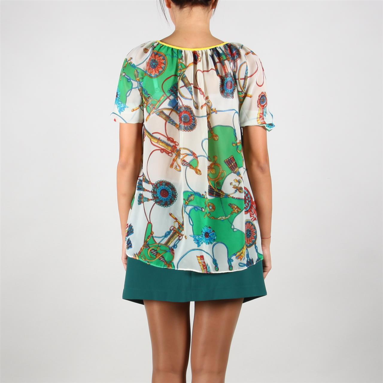 Poza Bluza Casual, Verde/Alb, Maneca scurta, Din voal, Cu snur galben - 777H [3]