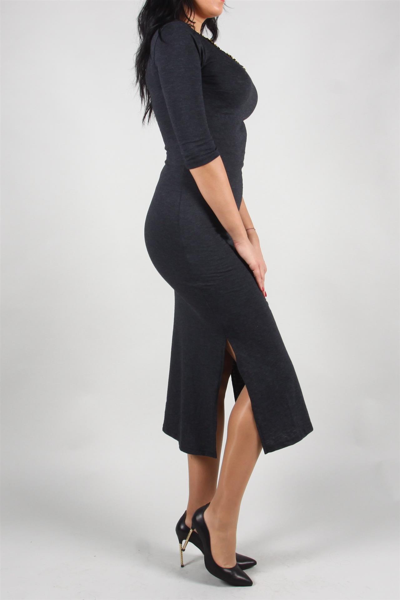 Poza Rochie Drept, Casual, Midi, Gri petrol, Maneca lunga, Uni, Cu pasmanterie, Fara inchidere - 886B [2]