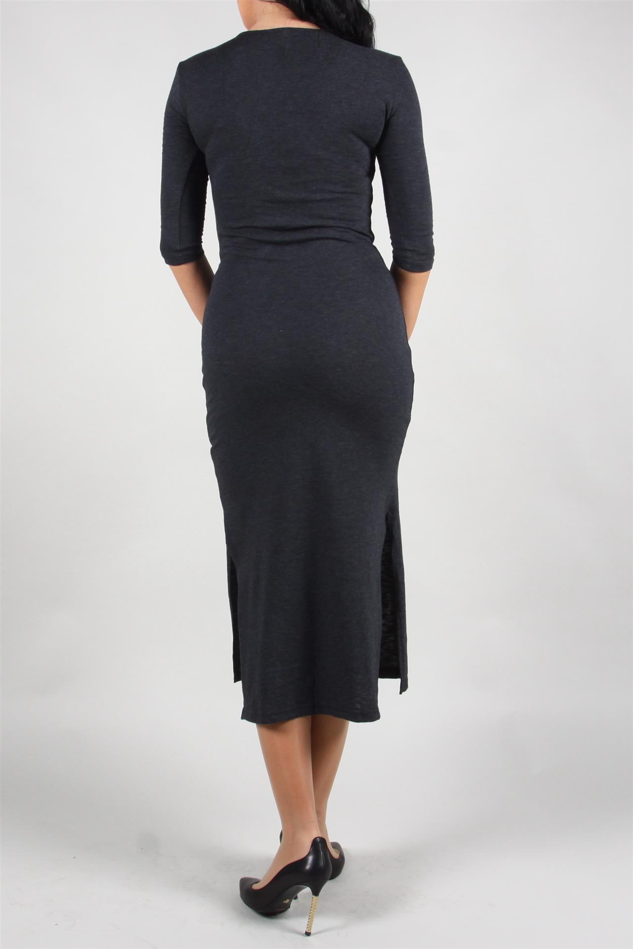 Poza Rochie Drept, Casual, Midi, Gri petrol, Maneca lunga, Uni, Cu pasmanterie, Fara inchidere - 886B [3]