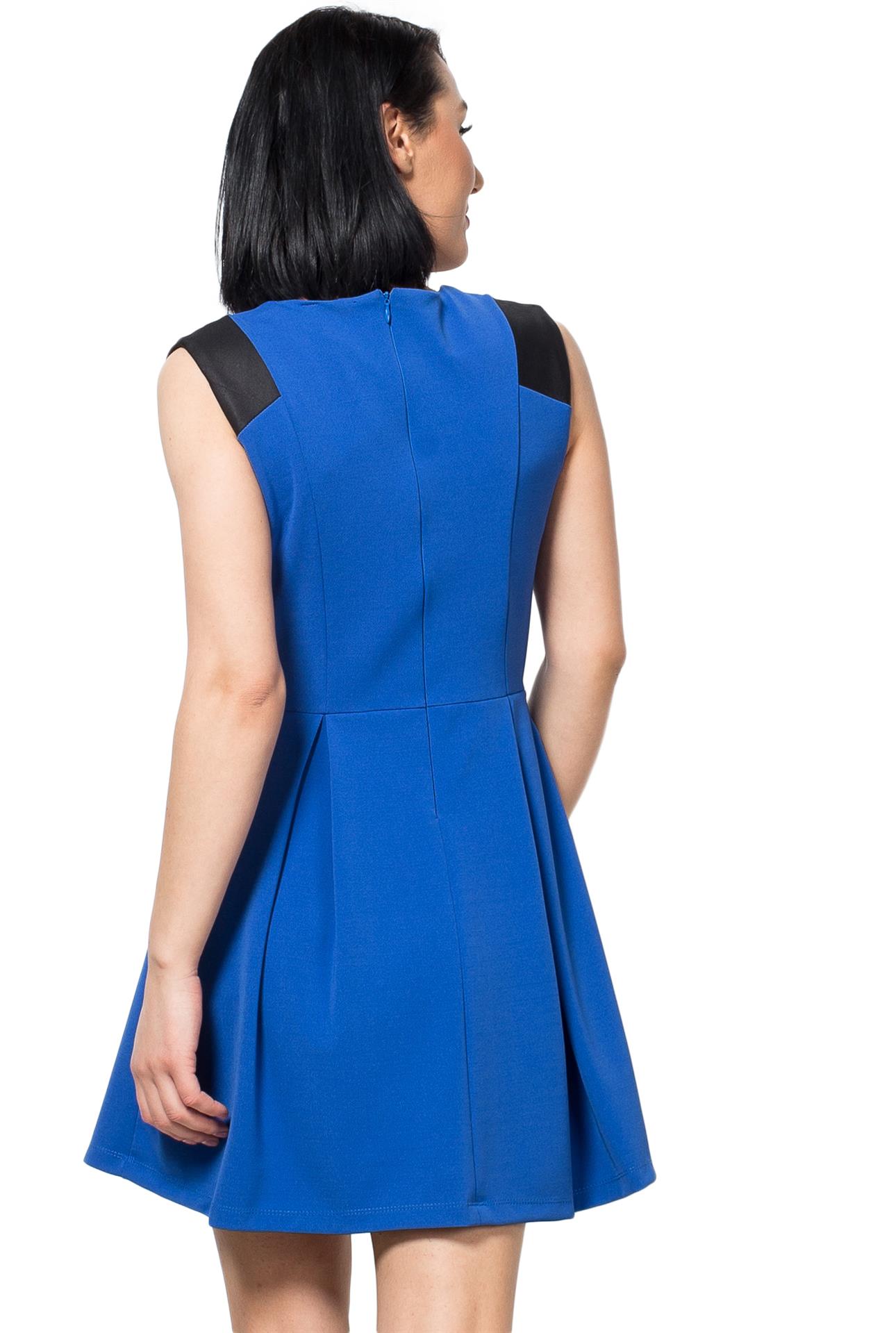 Poza Rochie Clos, Office, Midi, Albastra, Cu piele ecologica la umar, Fermoar - 895B [2]