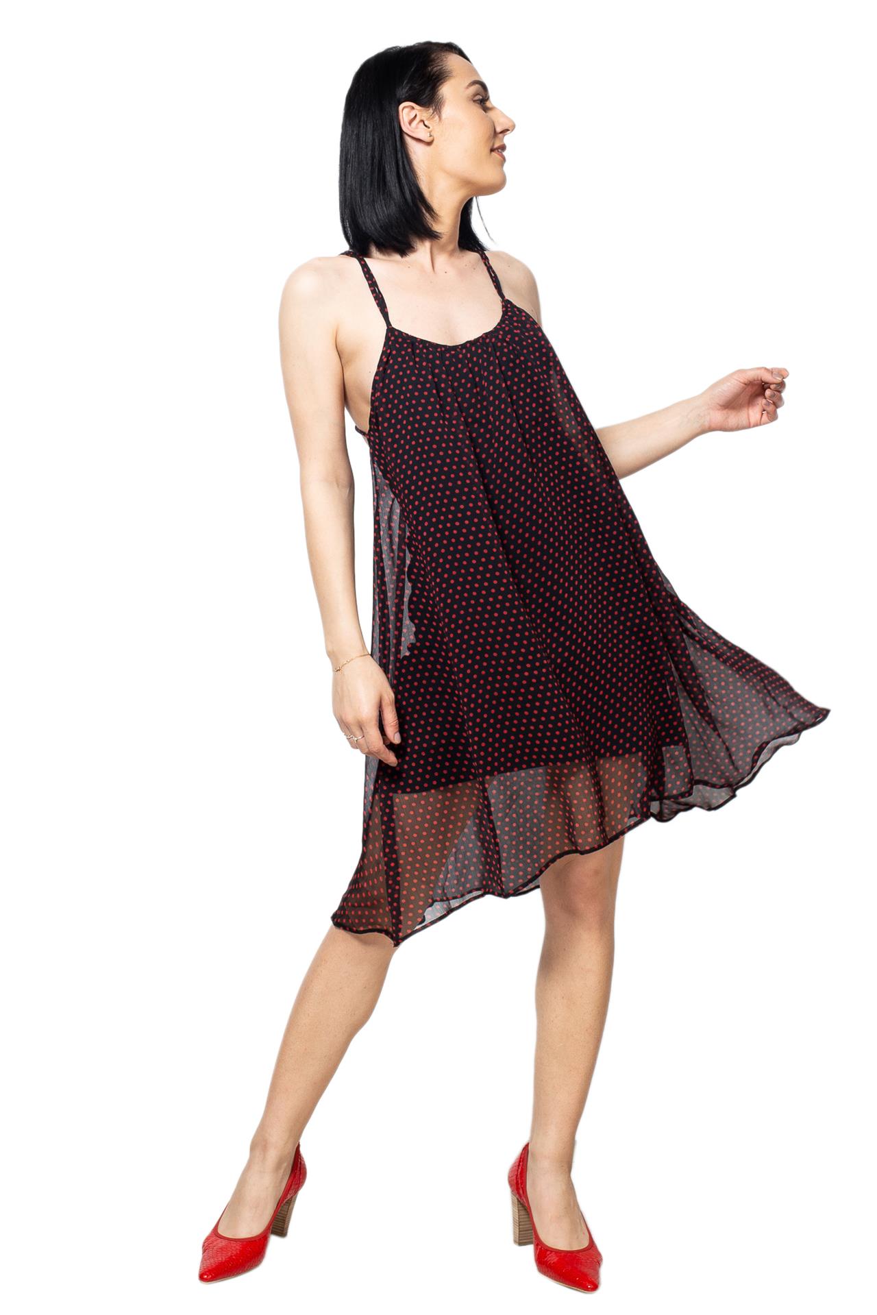 Poza Rochie Clos, Casual, Midi, Rosu/Negru, Fara maneca, Buline, Fara inchidere, Cu bretele - 910E [1]