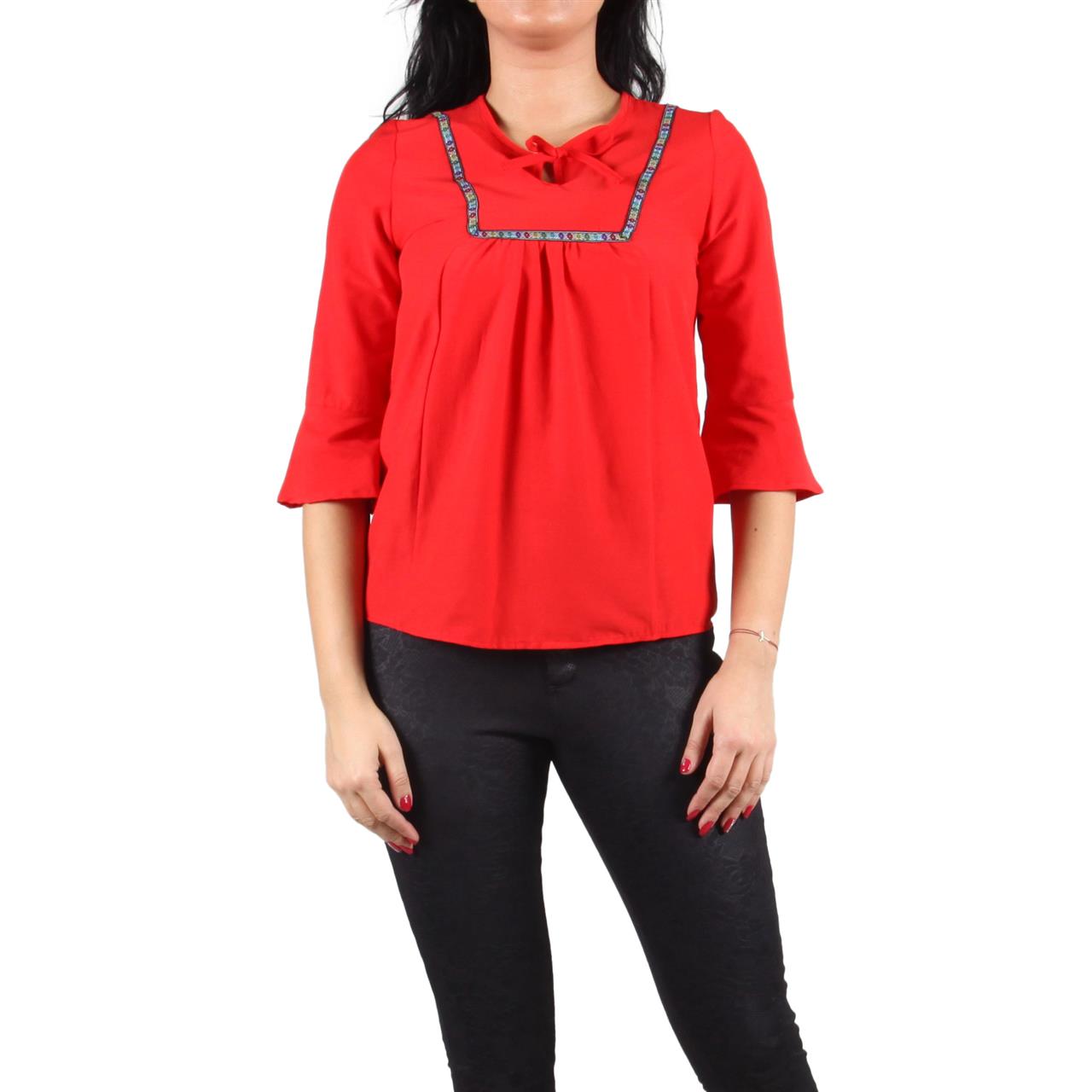 Poza Bluza Casual, Rosie, Maneca trei sferturi, Banda cu model romanesc - 929B [1]