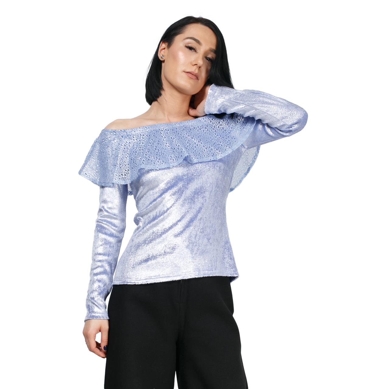 Poza Bluza Casual, Bleu, Maneca lunga, Catifea, da, Cu volan - 932A [1]