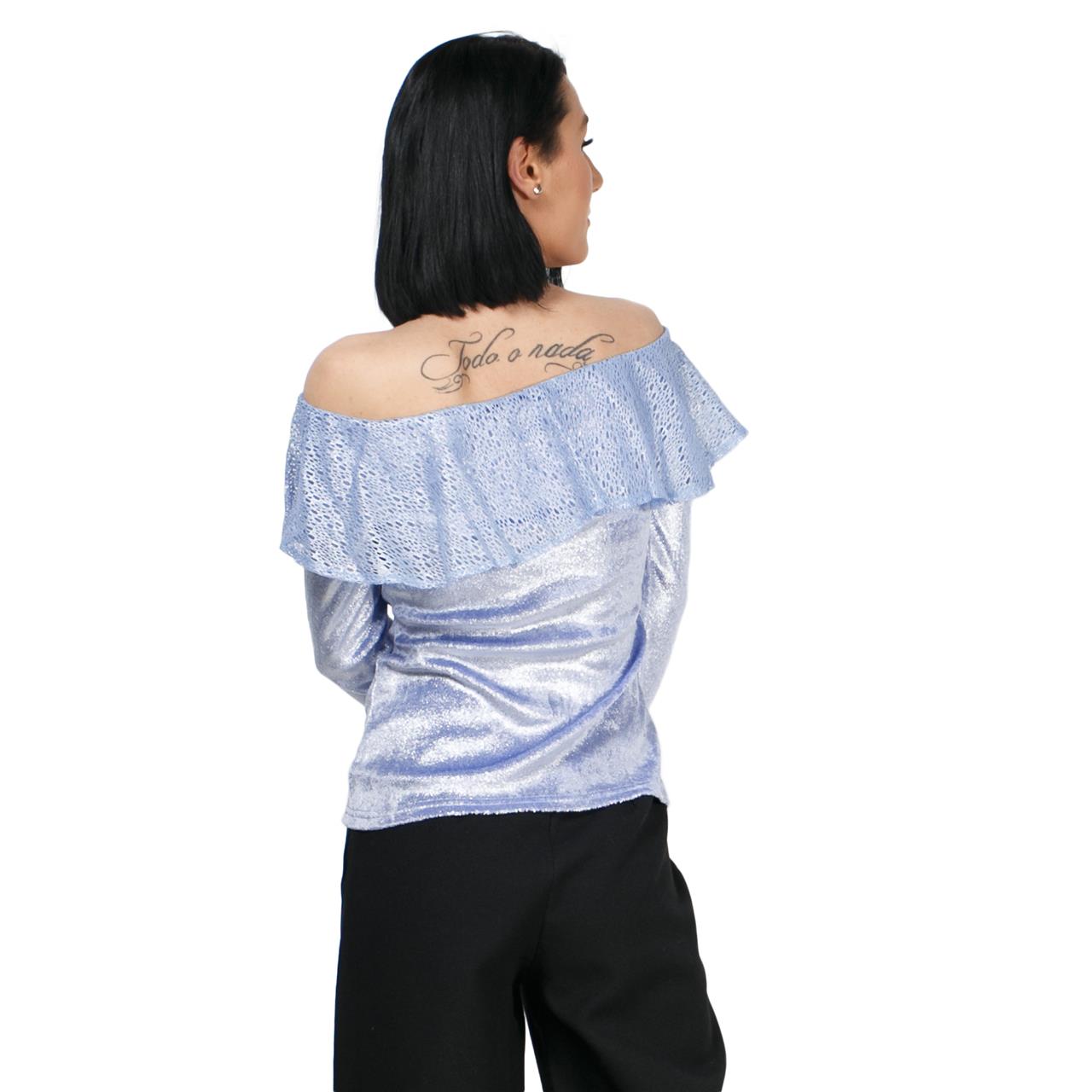 Poza Bluza Casual, Bleu, Maneca lunga, Catifea, da, Cu volan - 932A [2]