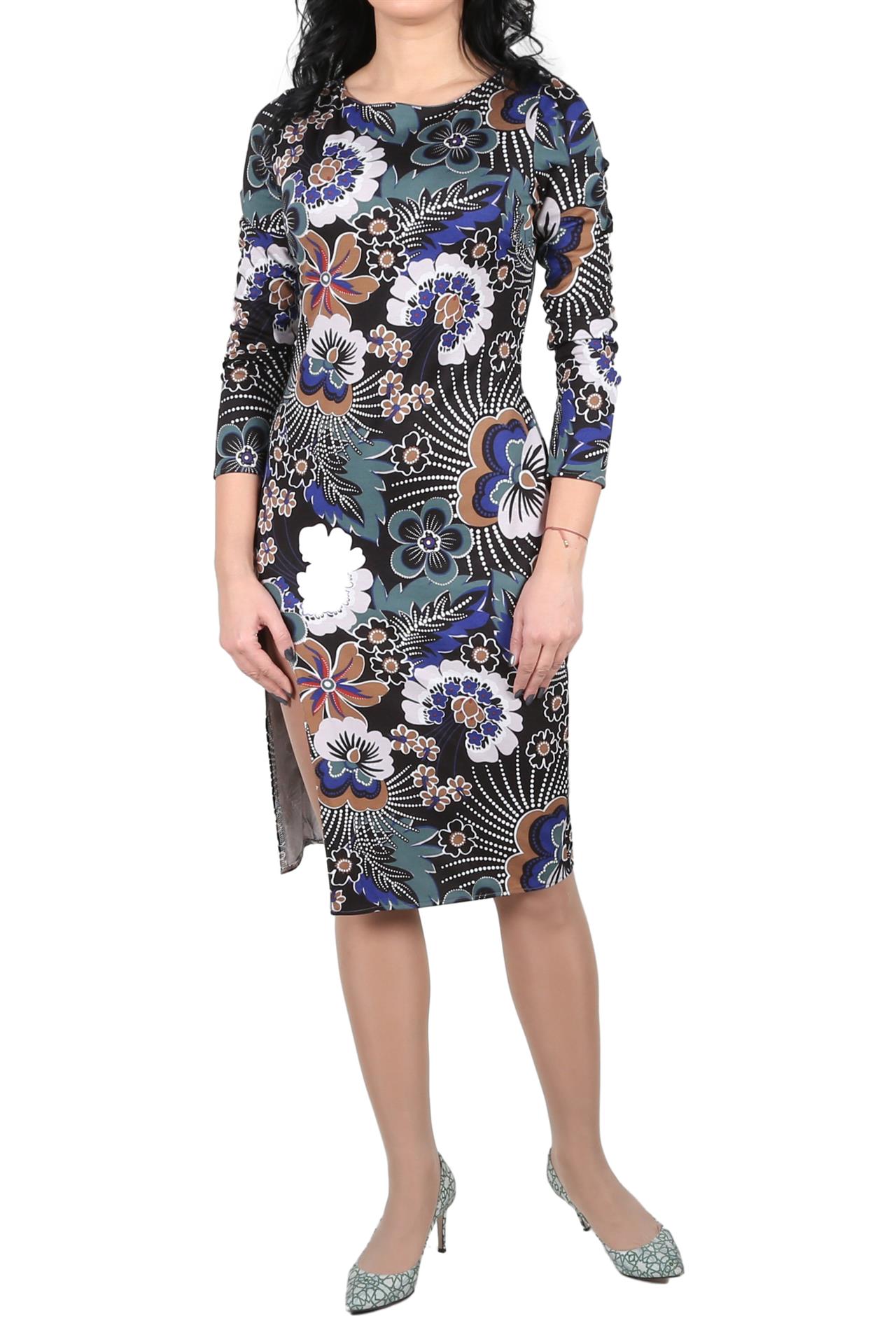 Poza Rochie Drept, Casual, Midi, Albastru/Negru, Maneca lunga, Floral, Fermoar ascuns, pe partea din spate - 939A [1]