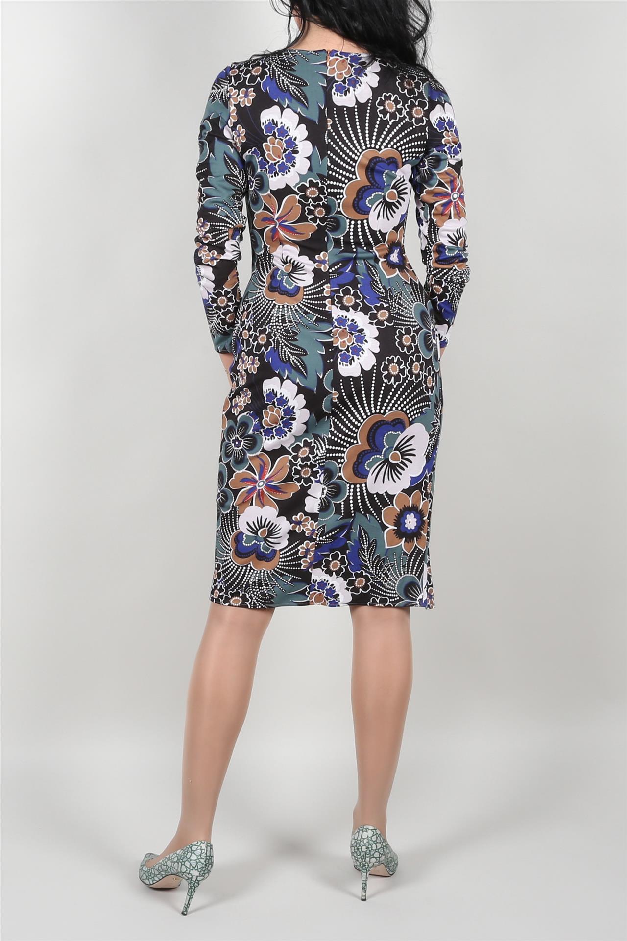 Poza Rochie Drept, Casual, Midi, Albastru/Negru, Maneca lunga, Floral, Fermoar ascuns, pe partea din spate - 939A [3]
