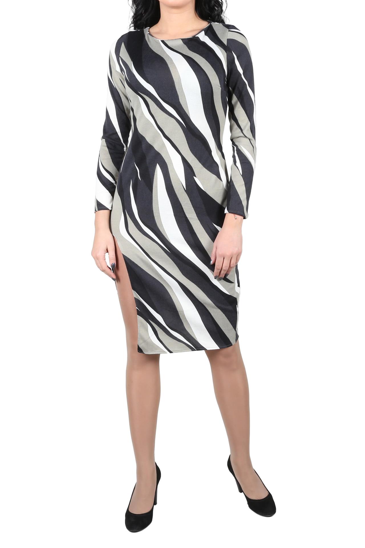 Poza Rochie Drept, Casual, Midi, Gri/Negru, Maneca lunga, Abstract, Fermoar ascuns - 939C [1]
