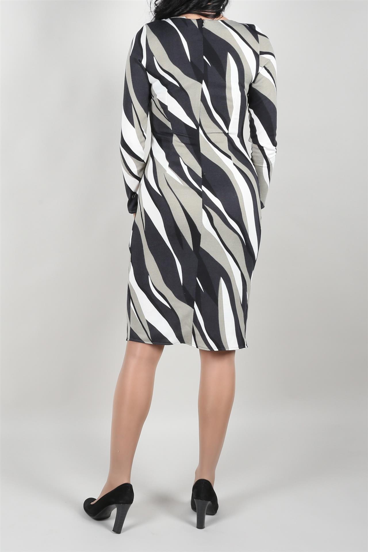 Poza Rochie Drept, Casual, Midi, Gri/Negru, Maneca lunga, Abstract, Fermoar ascuns - 939C [3]