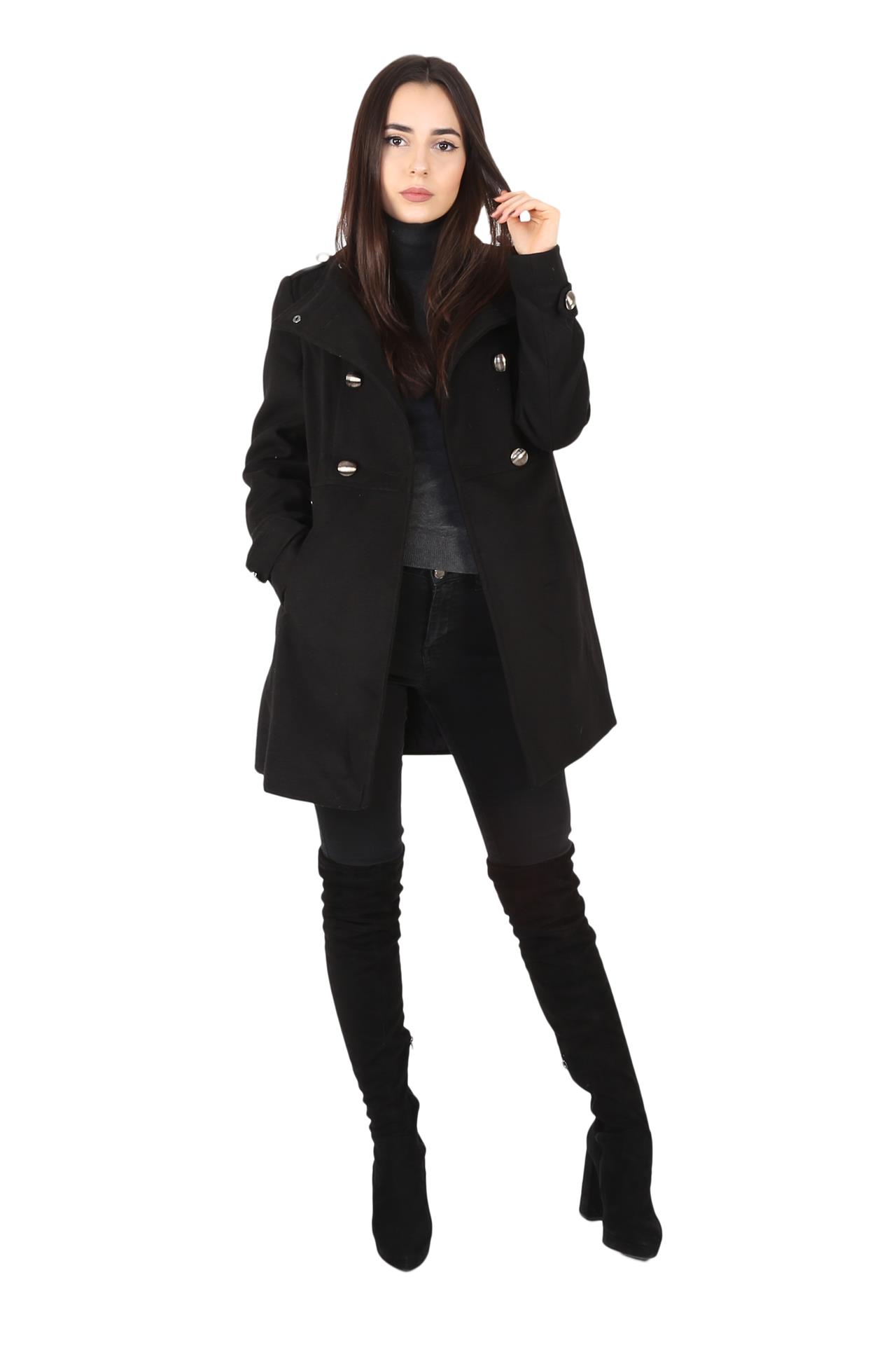 Poza Palton Casual, Drept, Negru, Uni, Epoleti, Sofa Lana, Doua randuri de nasturi - 943C [1]