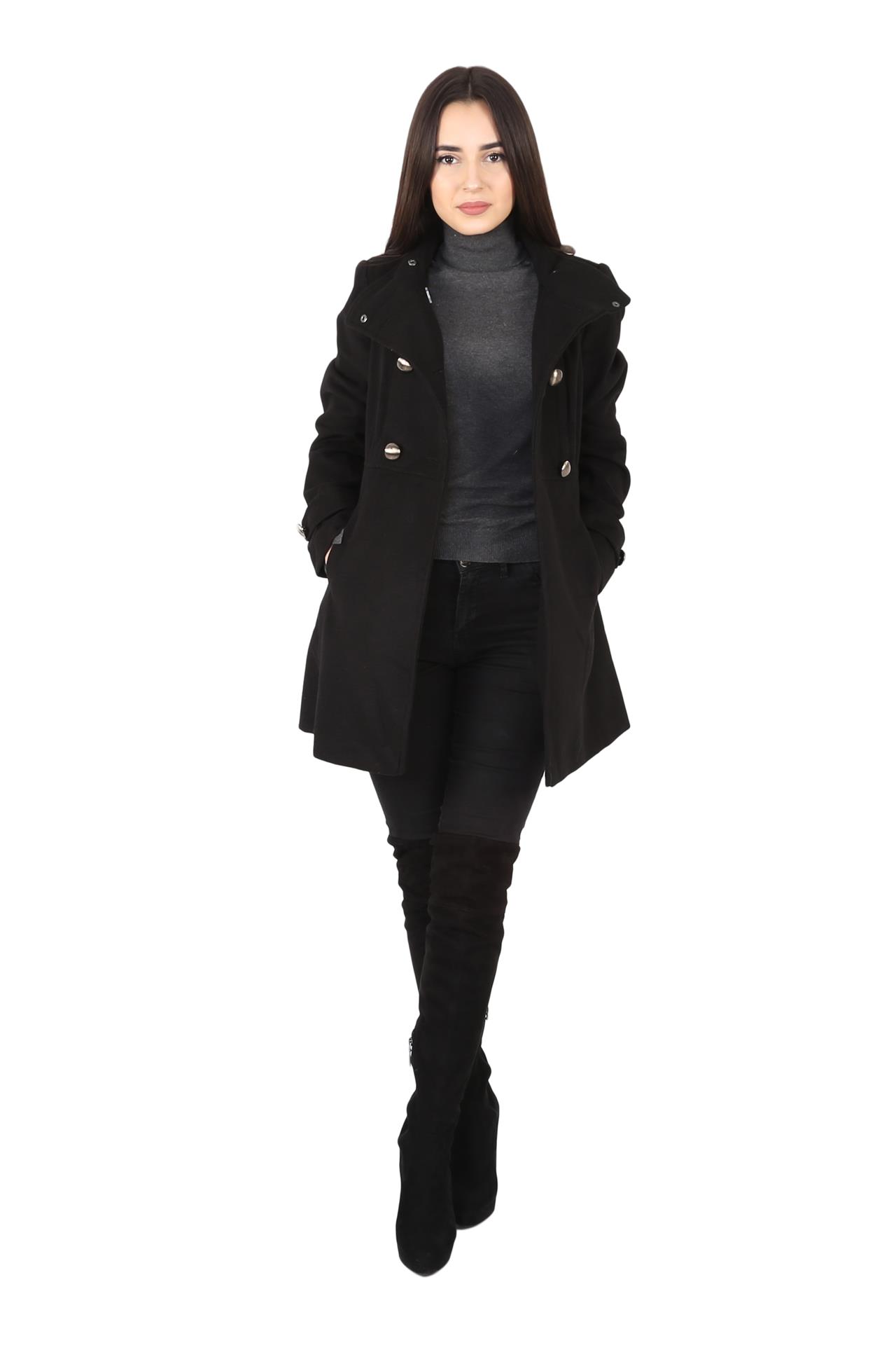 Poza Palton Casual, Drept, Negru, Uni, Epoleti, Sofa Lana, Doua randuri de nasturi - 943C [3]