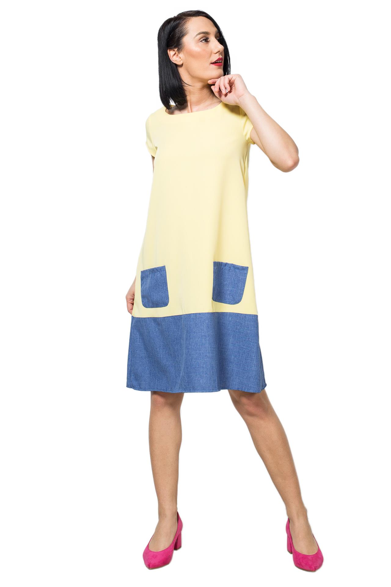 Poza Rochie Clos, Casual, Midi, Galben, Maneca scurta, Uni, Nasture pe partea din spate - 961F [1]