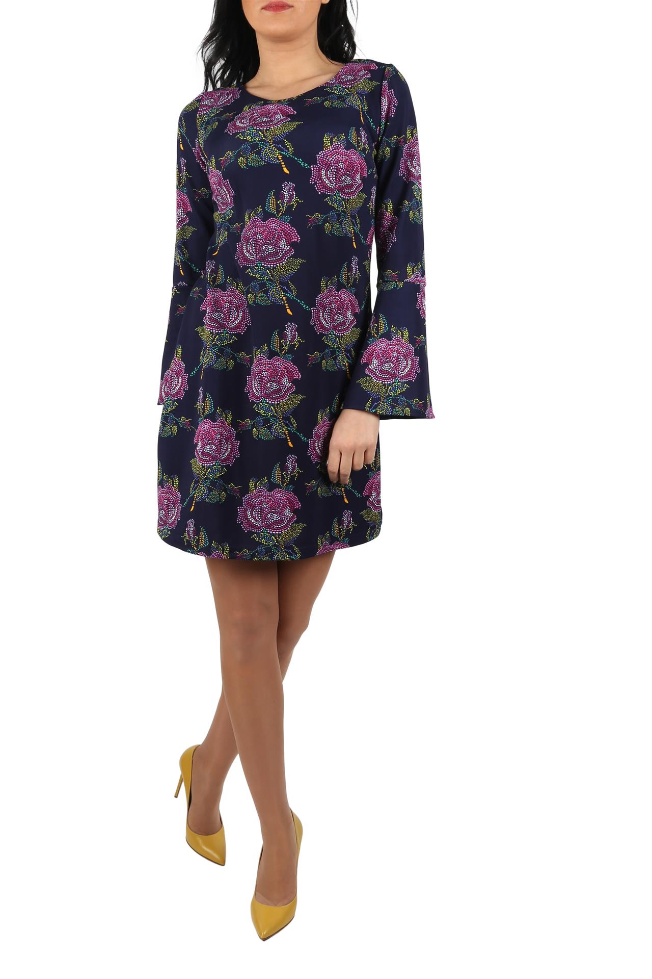 Poza Rochie Clos, Casual, Midi, Bleumarin, Floral, Cu volan la maneca - CB002C [1]