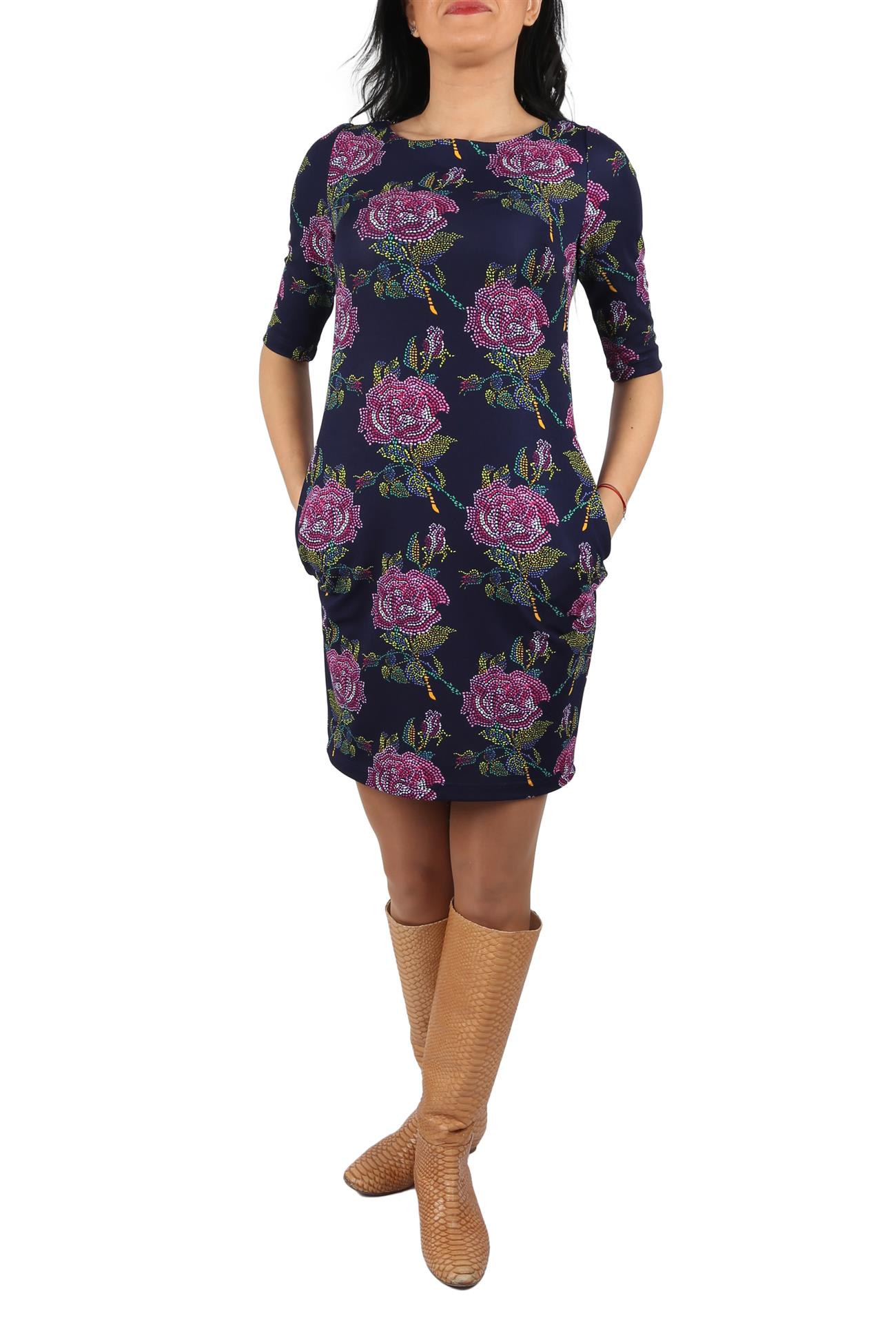 Poza Rochie Drept, Casual, Midi, Bleumarin/Roz, Maneca trei sferturi, Floral, Cu buzunare - CB006I [1]
