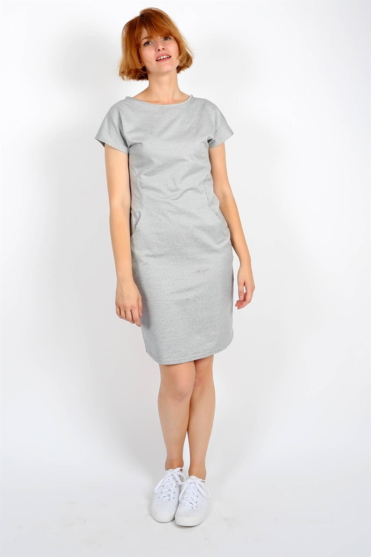 Poza Rochie Street Drept, Casual, Midi, Alb/Gri, Dungi, Cu buzunare - CC004 [2]