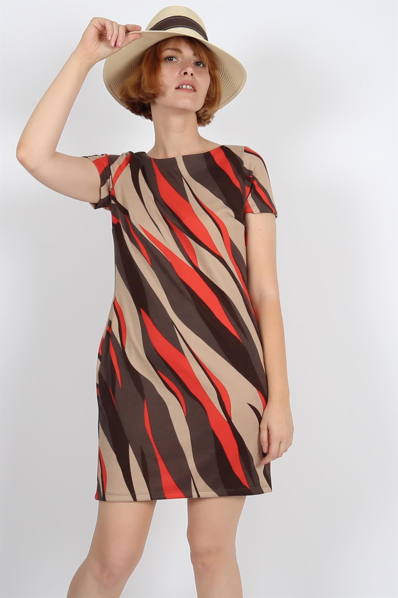 Poza Rochie Street Drept, Casual, Midi, Maro/Crem, Maneca scurta, Abstract, Cu buzunare - CC013 [4]