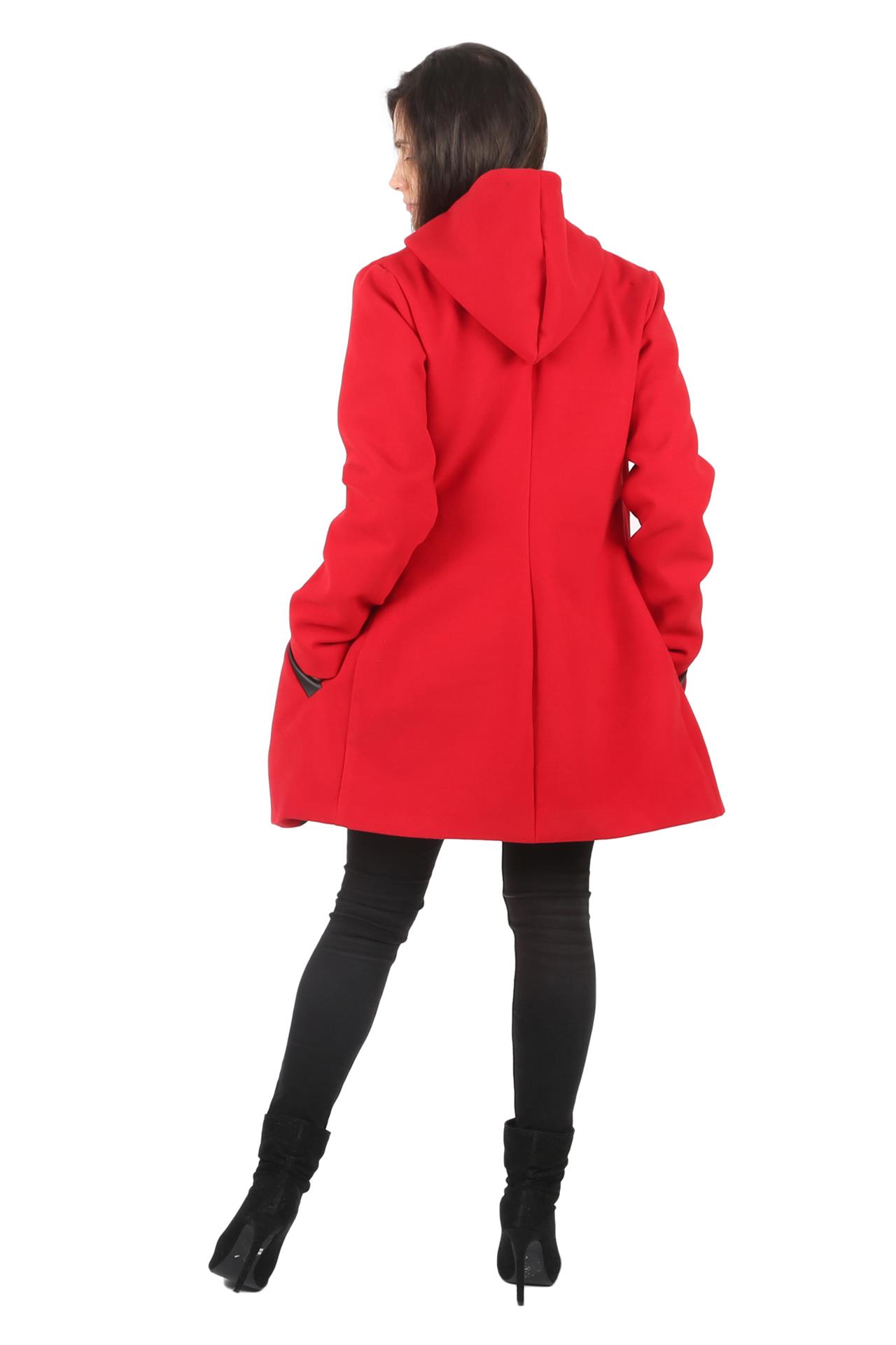Poza Palton Autumn Lady Casual, Drept, Rosu, Uni, Gluga, Sofa Lana, Fermoar - N04 [3]