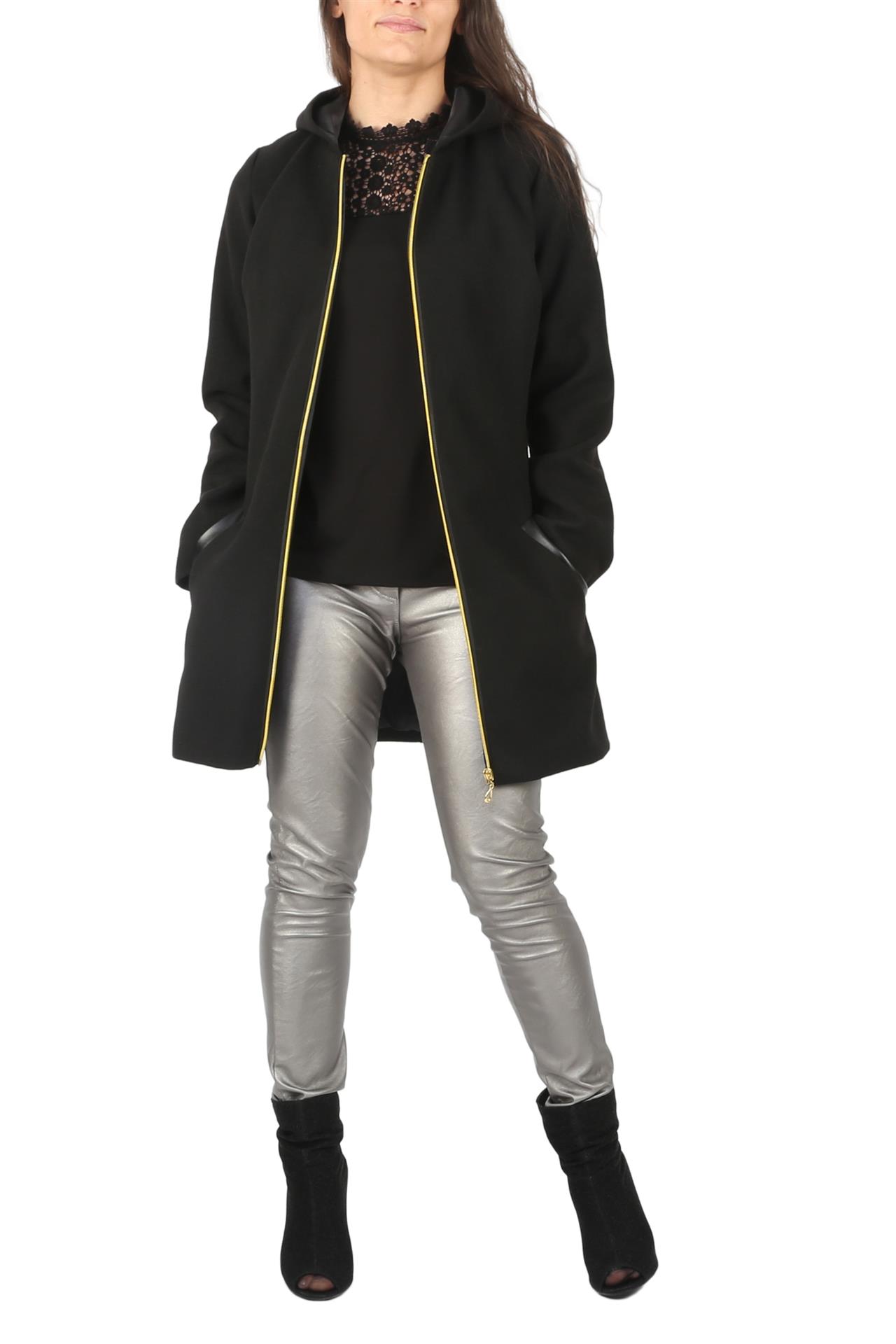 Poza Palton Casual, Drept, Negru, Uni, Gluga, Stofa lana, Fermoar - N05 [1]