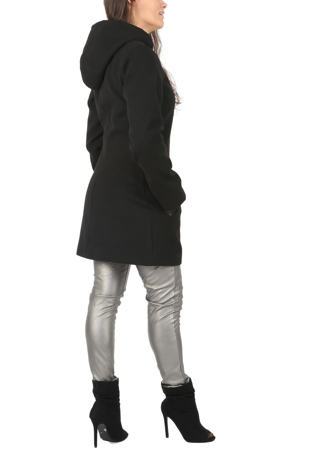 Poza Palton Casual, Drept, Negru, Uni, Gluga, Stofa lana, Fermoar - N05 [2]