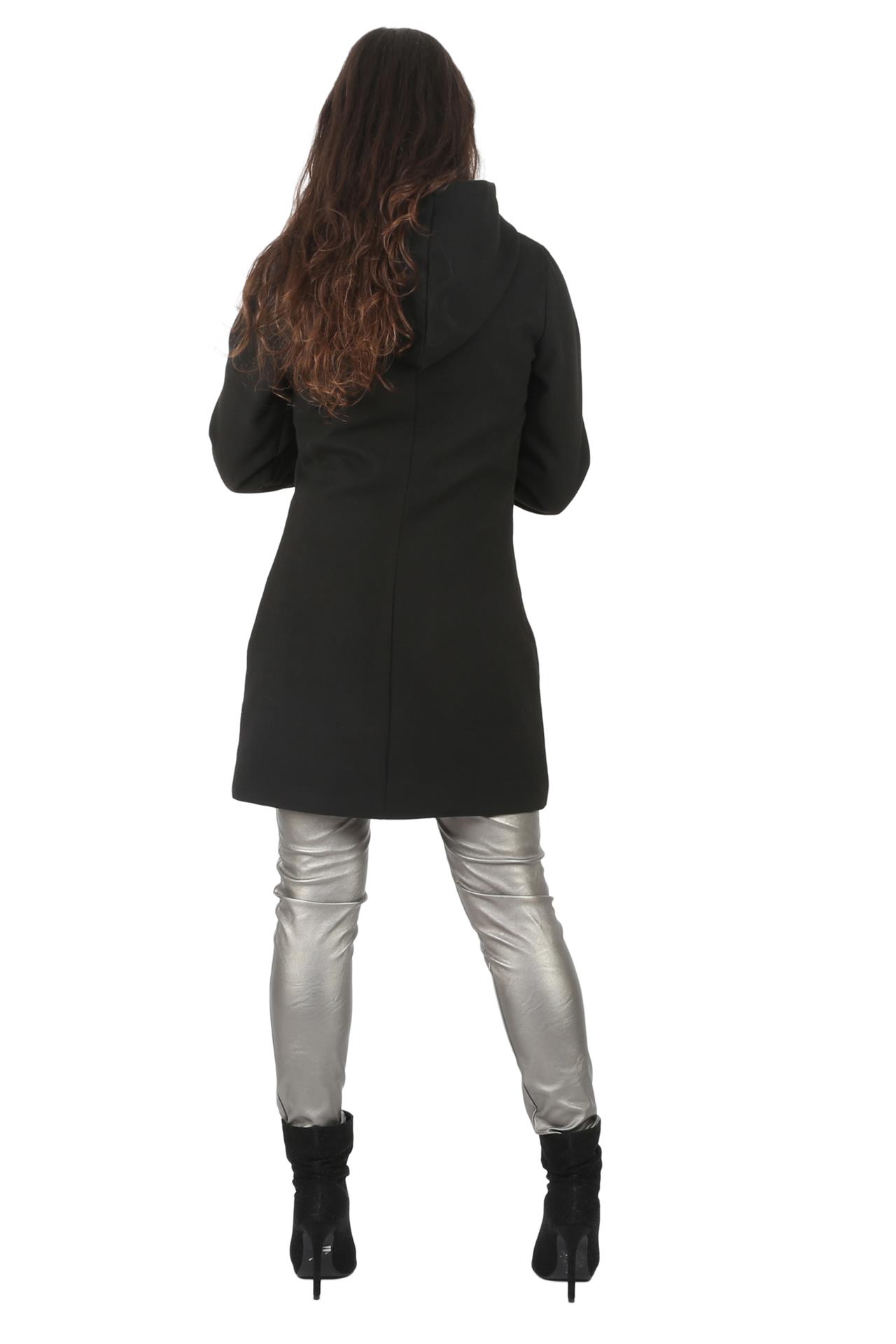 Poza Palton Casual, Drept, Negru, Uni, Gluga, Stofa lana, Fermoar - N05 [3]