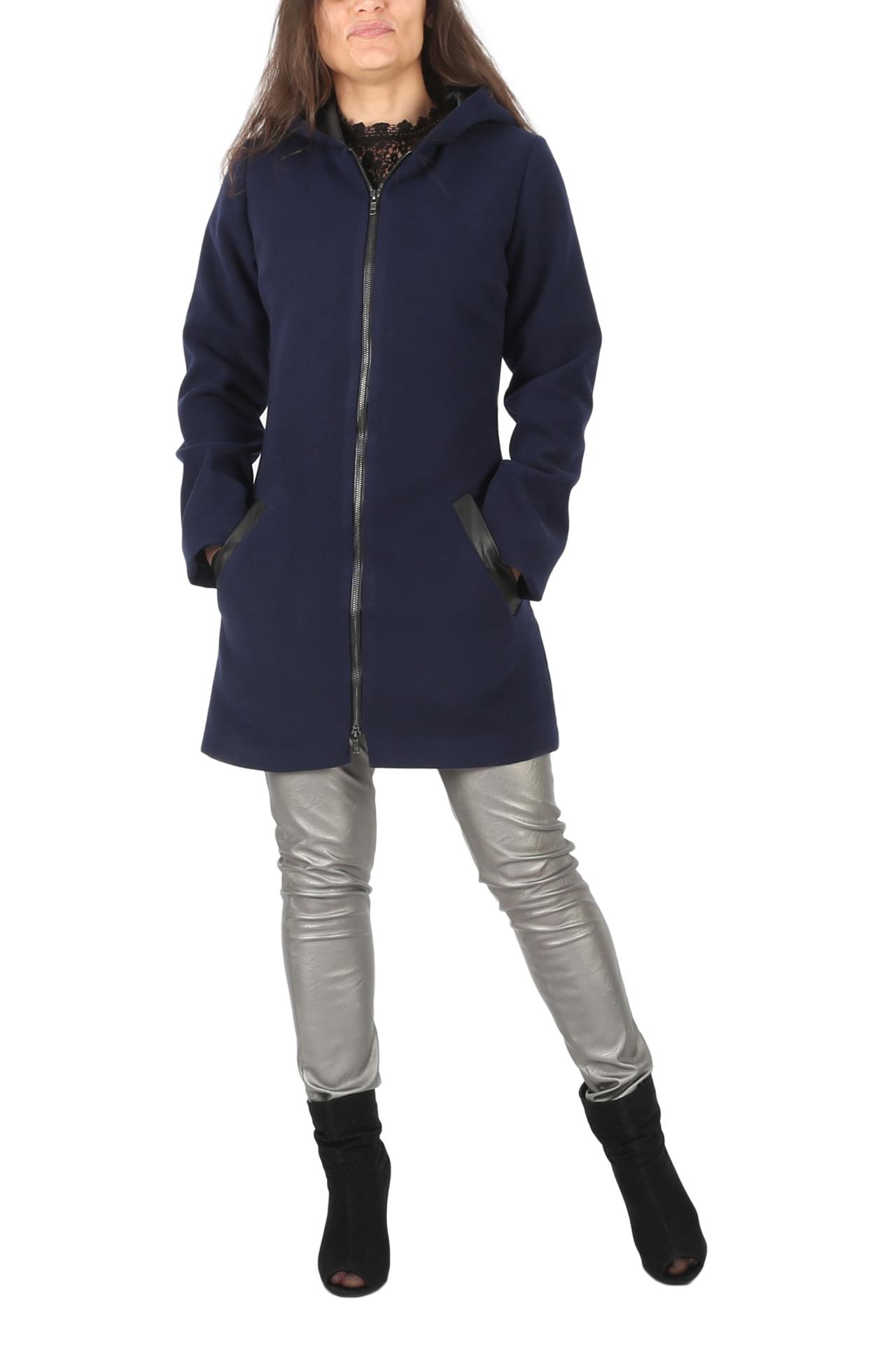 Poza Palton Casual, Drept, Bleumarin, Uni, Gluga, Stofa, Fermoar - N06 [1]