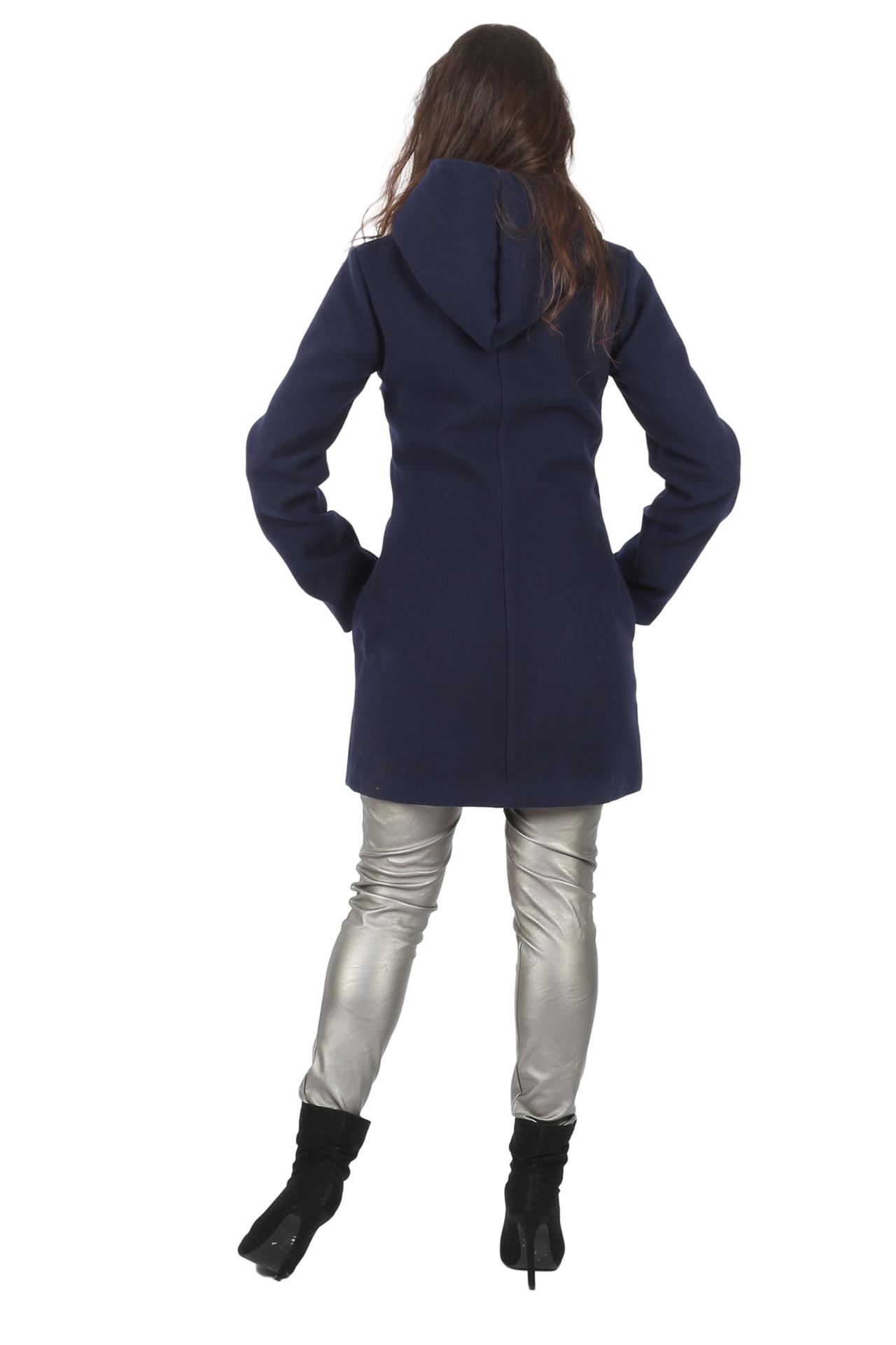 Poza Palton Casual, Drept, Bleumarin, Uni, Gluga, Stofa, Fermoar - N06 [3]